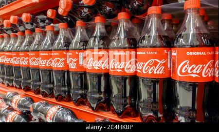 Marseille, France. 20th Feb, 2018. Coca-Cola bottles seen in a Carrefour supermarket in Marseille.James Quincey, the CEO of the global giant announced in a statement that the Coca-Cola firm had in turn stopped advertising on social networks for 30 days to protest against hatred and racism on social networks. Credit: Denis Thaust/SOPA Images/ZUMA Wire/Alamy Live News Stock Photo