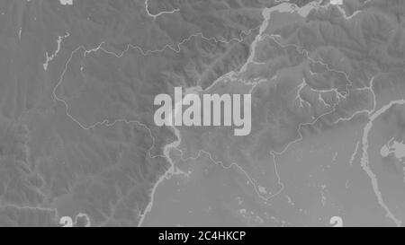 Saratov, region of Russia. Grayscaled map with lakes and rivers. Shape outlined against its country area. 3D rendering Stock Photo