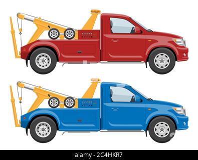 Red and blue tow trucks side view vector template with simple colors without gradients and effects Stock Vector