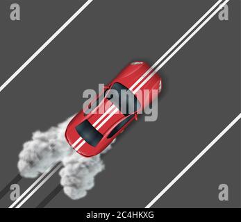 Top view of sports car on asphalt road. Red auto driving on the median strip Stock Vector