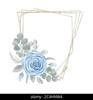 Geometric triangle gold frame with flower arrangement. Blue Rose bouquet with leaves and branches isolated on a white background Stock Photo