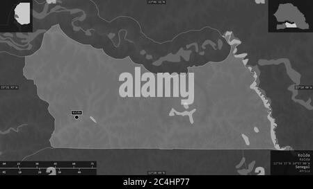 Kolda, region of Senegal. Grayscaled map with lakes and rivers. Shape presented against its country area with informative overlays. 3D rendering Stock Photo