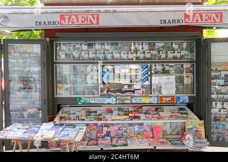 Jaen, Spain - June 19, 2020: Press kiosk with newspapers, magazines and various printed materials in Ubeda, Jaen, Spain Stock Photo