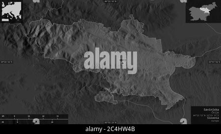 Savinjska, statistical region of Slovenia. Grayscaled map with lakes and rivers. Shape presented against its country area with informative overlays. 3 Stock Photo