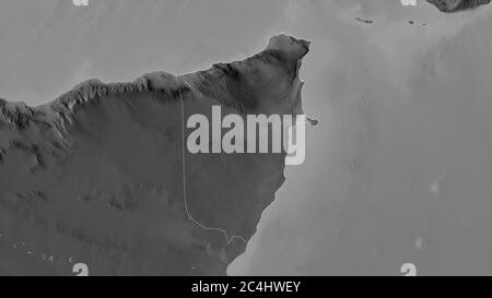 Bari, region of Somalia. Grayscaled map with lakes and rivers. Shape outlined against its country area. 3D rendering Stock Photo