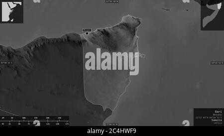 Bari, region of Somalia. Grayscaled map with lakes and rivers. Shape presented against its country area with informative overlays. 3D rendering Stock Photo