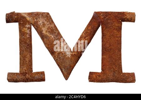 Old rusty metal letter M, isolated on white background Stock Photo