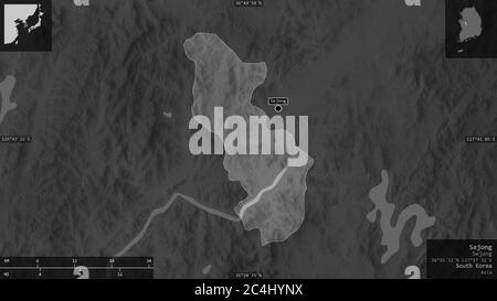 Sejong, metropolitan autonomous city of South Korea. Grayscaled map with lakes and rivers. Shape presented against its country area with informative o Stock Photo