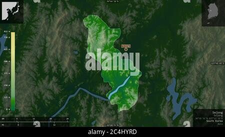 Sejong, metropolitan autonomous city of South Korea. Colored shader data with lakes and rivers. Shape presented against its country area with informat Stock Photo