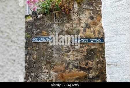 Back Causeway and Haggs Wynd street signs Culross, Fife, Scotland Stock ...