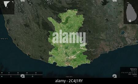 Matara, district of Sri Lanka. Satellite imagery. Shape presented against its country area with informative overlays. 3D rendering Stock Photo