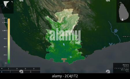 Matara, district of Sri Lanka. Colored shader data with lakes and rivers. Shape presented against its country area with informative overlays. 3D rende Stock Photo