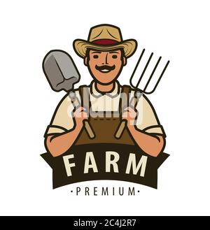 Farmer holding pitchfork isolated vector glyph icon. Graph symbol for ...