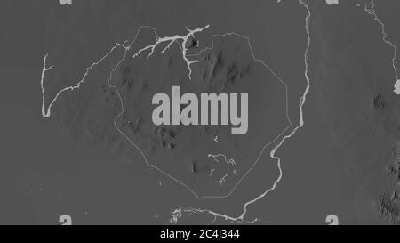 South Kurdufan, state of Sudan. Grayscaled map with lakes and rivers. Shape outlined against its country area. 3D rendering Stock Photo