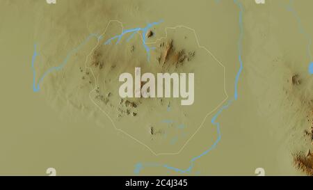 South Kurdufan, state of Sudan. Colored relief with lakes and rivers. Shape outlined against its country area. 3D rendering Stock Photo