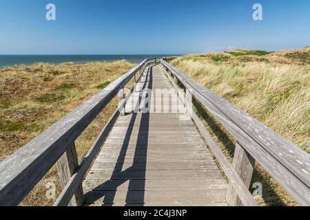 Wooden footpath through the dunes leading towards the ocean on the island of Sylt in Northern Germany Stock Photo