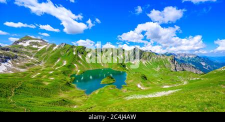 Lake Schrecksee - A beautiful turquoise alpine lake in the Allgaeu alps near Hinterstein, hiking destination in Bavaria, Germany Stock Photo