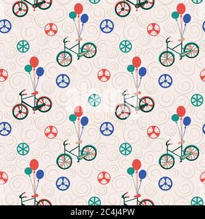 Vector Bicycle weekend illustration, seamless pattern, with balloons, flowers, wheels, pastel and colours Stock Vector