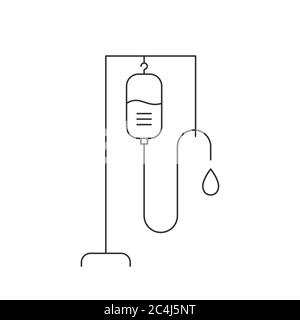 IV stand with saline or glucose solution. Drip bag line icon on white background. Medical equipment sign.Hospital hanger pole for intravenous infusion Stock Vector