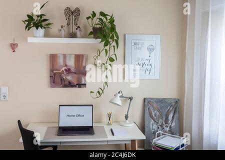 desk with laptop and chair in front, shelves with plants and on the right a window with a white curtain, home office, indoors Stock Photo