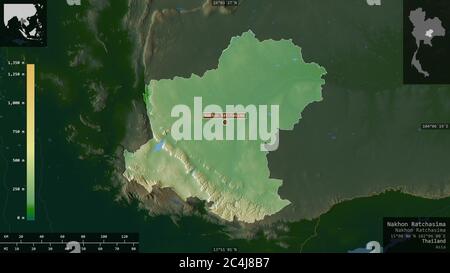 Nakhon Ratchasima, province of Thailand. Colored shader data with lakes and rivers. Shape presented against its country area with informative overlays Stock Photo
