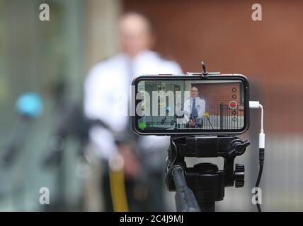 PSNI Superintendent Muir Clark speaks to media as a body that police believe to be missing Belfast teenager Noah Donohoe was found in a storm drain. Stock Photo