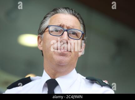 PSNI Superintendent Muir Clark speaks to media as a body that police believe to be missing Belfast teenager Noah Donohoe was found in a storm drain. Stock Photo