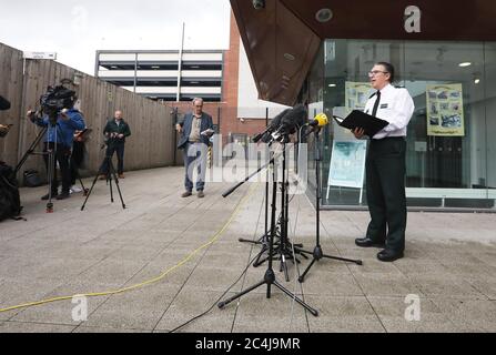 PSNI Superintendent Muir Clark speaks to media as a body that police believe to be missing Belfast teenager Noah Donohoe was found in a storm drain. Stock Photo