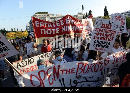 Athens, Greece. 26th June, 2020. Mass anti-racist rally took place on Friday afternoon in Athens. The prevailing slogans were 'Black Lives Matter' and 'Welcome refugees'. (Photo by Dimitrios Karvountzis/Pacific Press/Sipa USA) Credit: Sipa USA/Alamy Live News Stock Photo