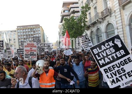 Athens, Greece. 26th June, 2020. Mass anti-racist rally took place on Friday afternoon in Athens. The prevailing slogans were 'Black Lives Matter' and 'Welcome refugees'. (Photo by Dimitrios Karvountzis/Pacific Press/Sipa USA) Credit: Sipa USA/Alamy Live News Stock Photo