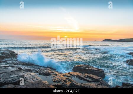 beautiful sunset over Constantine Bay on the North Cornwall Coast, UK Stock Photo