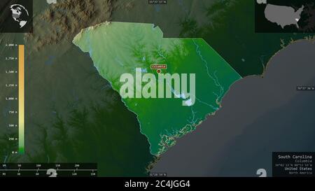 Physical Map Of South Carolina Stock Photo Alamy South Carolina State Of United States Colored Shader Data With Lakes And Rivers Shape Presented Against Its Country Area With Informative Overlays 2c4jgg4