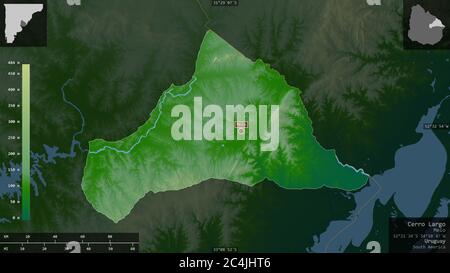 Cerro Largo, department of Uruguay. Colored shader data with lakes and rivers. Shape presented against its country area with informative overlays. 3D Stock Photo