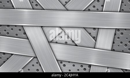Background in silver and gray colors, consisting of a perforated metallic surface with holes and several randomly arranged intersecting polished plate Stock Vector