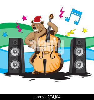 A bear plays a double bass in a hood music from speakers on a white isolated background. Vector image Stock Vector