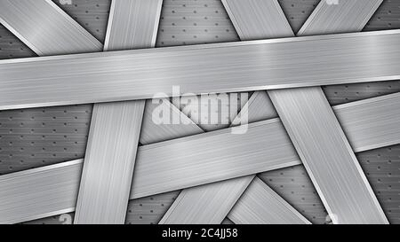 Background in silver and gray colors, consisting of a perforated metallic surface with holes and several randomly arranged intersecting polished plate Stock Vector