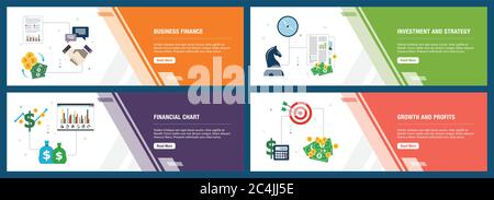 Business finance, investment and strategy, financial chart, growth and profits. Internet website banner concept with icon set. Flat design vector illu Stock Vector