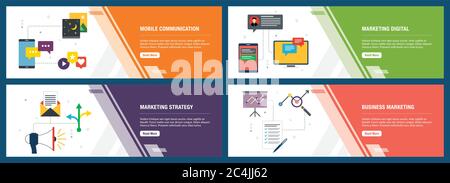 Banner set with icons for internet on websites or app templates with mobile communication, marketing digital, marketing strategy and business marketin Stock Vector