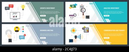 Banner set with icons for internet on websites or app templates with growth investment, analysis investment, business meeting, communication and finan Stock Vector