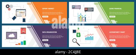 Web banners concept in vector with report market, gains financial, data organization and accountancy chart. Internet website banner concept with icon Stock Vector