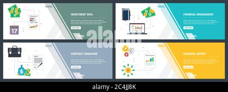 Web banners concept in vector with investment data, financial management, contract signature and financial report. Internet website banner concept wit Stock Vector