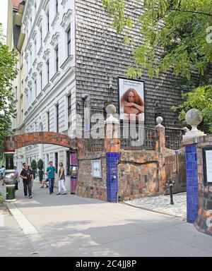 Vienna, Austria - July 12, 2015: Entrance to Kunst Haus Museum and Cafe by Architect Hundertwasser in Vienna, Austria. Stock Photo