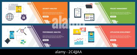 Web banners concept in vector with security analysis, project management, performance analysis and application development. Internet website banner co Stock Vector