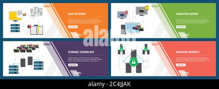 Vector set of vertical web banners with data network, computer server, storage technology and database security. Vector banner template for website an Stock Vector