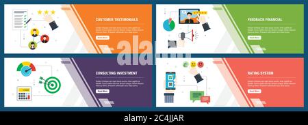 Web banners concept in vector with customer testimonials, feedback financial, consulting investment and rating system. Internet website banner concept Stock Vector