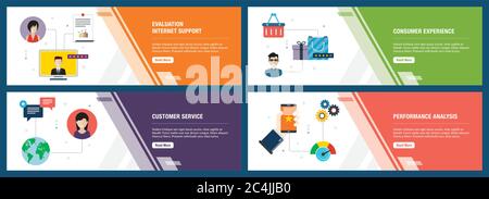 Web banners concept in vector with evaluation internet support, consumer experience, customer service and performance analysis. Internet website banne Stock Vector