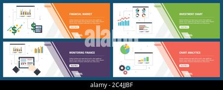 Web banners concept in vector with financial market, investment chart, monitoring finance and chart analytics. Internet website banner concept with ic Stock Vector