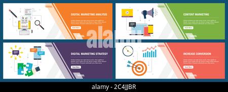 Web banners concept in vector with digital marketing analysis, content marketing, strategy and increase conversion. Internet website banner concept wi Stock Vector