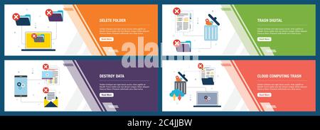 Vector set of vertical web banners with delete folder, trash digital, destroy data and cloud computing trash. Vector banner template for website and m Stock Vector