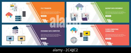 Vector set of vertical web banners with file transfer, backup data document, exchange data computer and cloud computing.Vector banner template for web Stock Vector